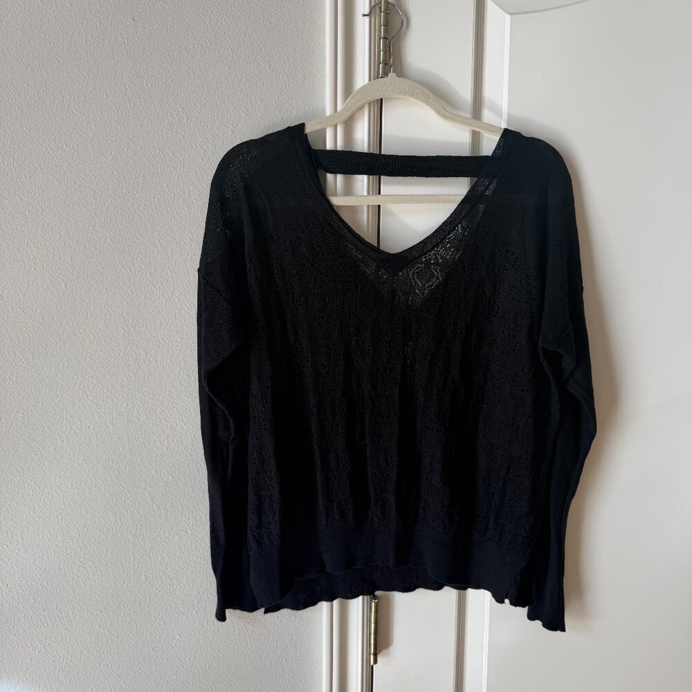Margaret O'Leary Pointelle Silk Linen V-neck Pullover Sweater Black Size M